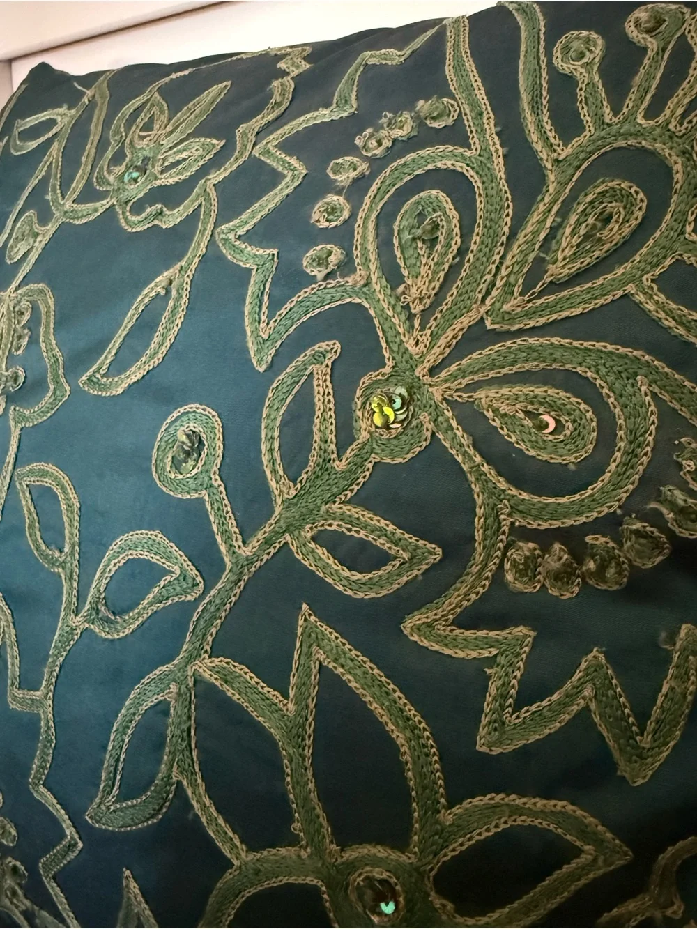 Teal and Green embroidered throw pillow